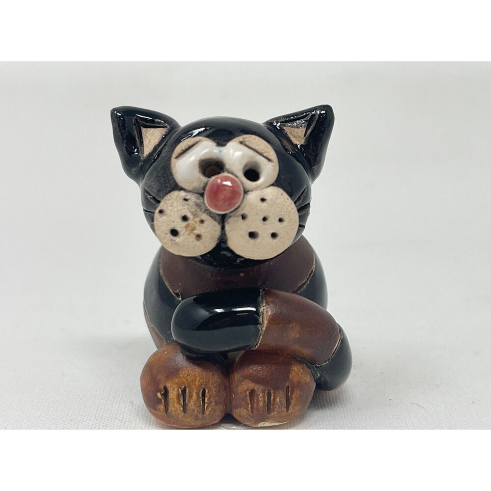 Vintage Handmade Cat Figurine Black & Brown Striped Clay Miniature Kitty 2".